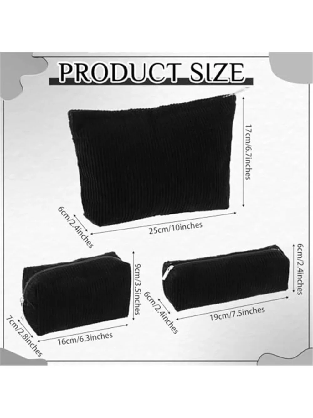 3 Pcs Corduroy Makeup Bag Set Cosmetic Pouch Travel Toiletry Organizer Purse Bag
